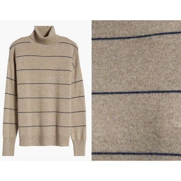 New Cashmere Turtleneck Sweater Nordstrom in Beige and Navy Spaced Stripe Large - Picture 3 of 5